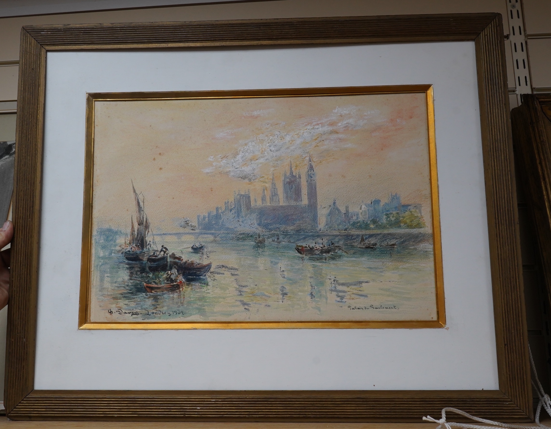 C.H.Davis (French, c.1900), watercolour, Thames riverscape, Houses of Parliament, signed and dated 1902, 32 x 47cm. Condition - poor